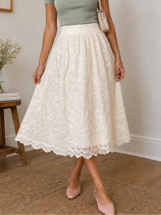Dresses & Skirts - Delicate Cream A-Line Embroidered Midi Skirt